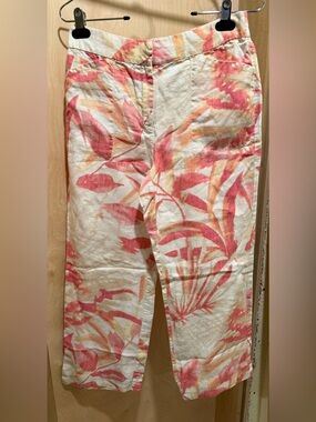 Chico's 100% Linen Cropped Pants with Coral and Peach Leaf Print 0/Size 4
